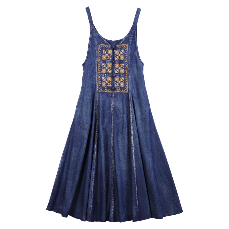 Embroidery denim V-neck long skirt retro summer lady vest