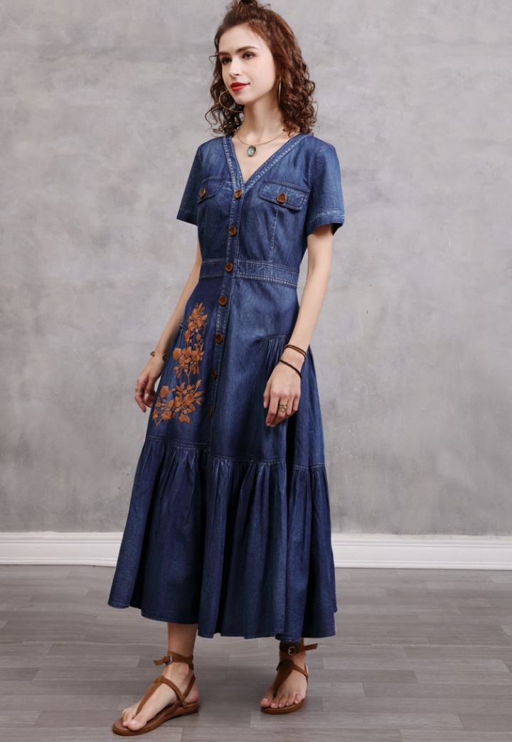 France style denim retro elegant embroidery V-neck dress