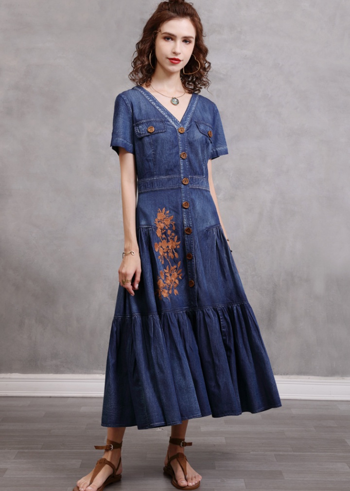 France style denim retro elegant embroidery V-neck dress