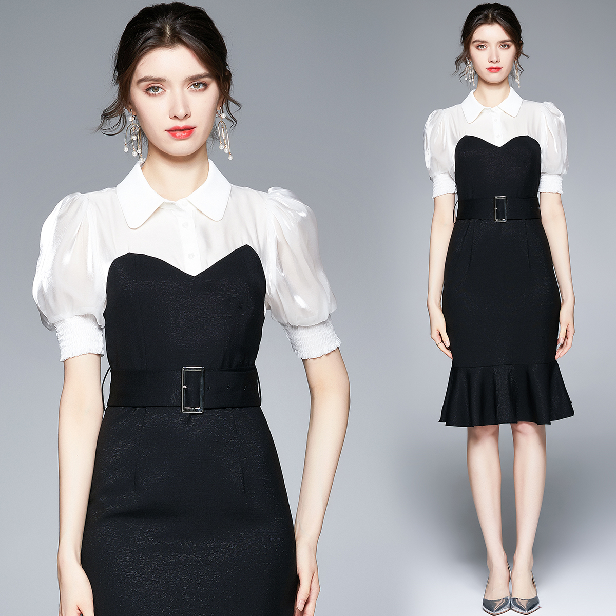 Black-white lotus leaf edges shirt splice dress