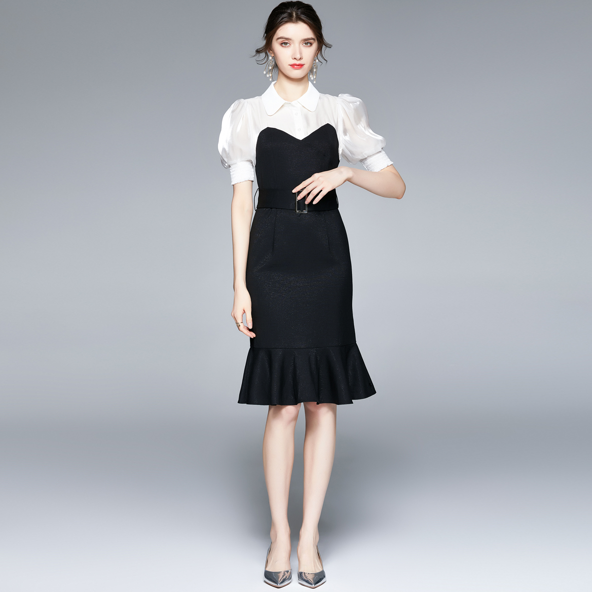 Black-white lotus leaf edges shirt splice dress