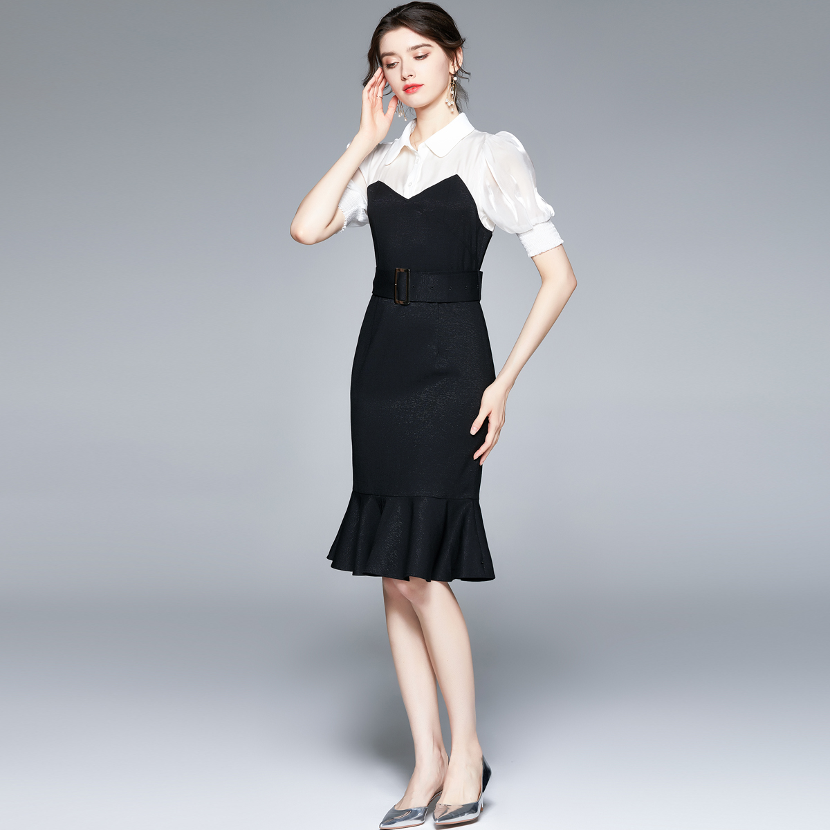 Black-white lotus leaf edges shirt splice dress