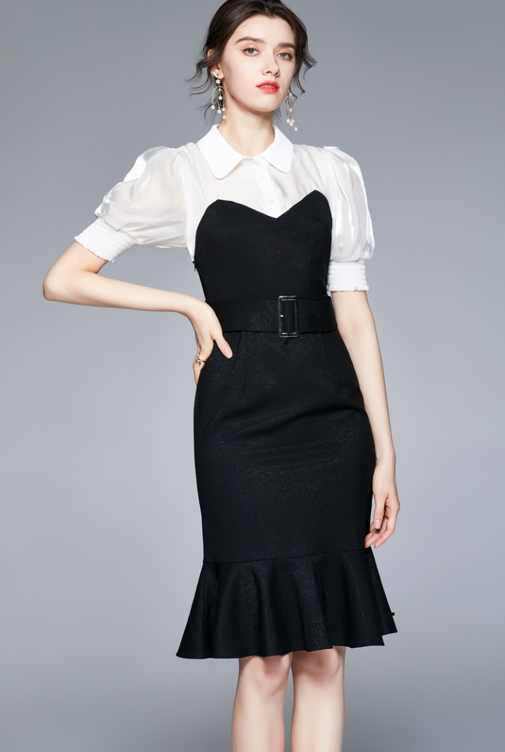 Black-white lotus leaf edges shirt splice dress