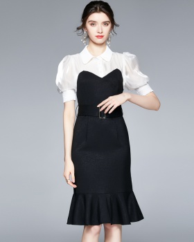 Black-white lotus leaf edges shirt splice dress