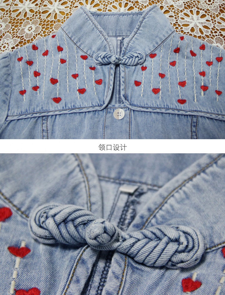 Lotus leaf edges denim embroidery cheongsam slim retro dress