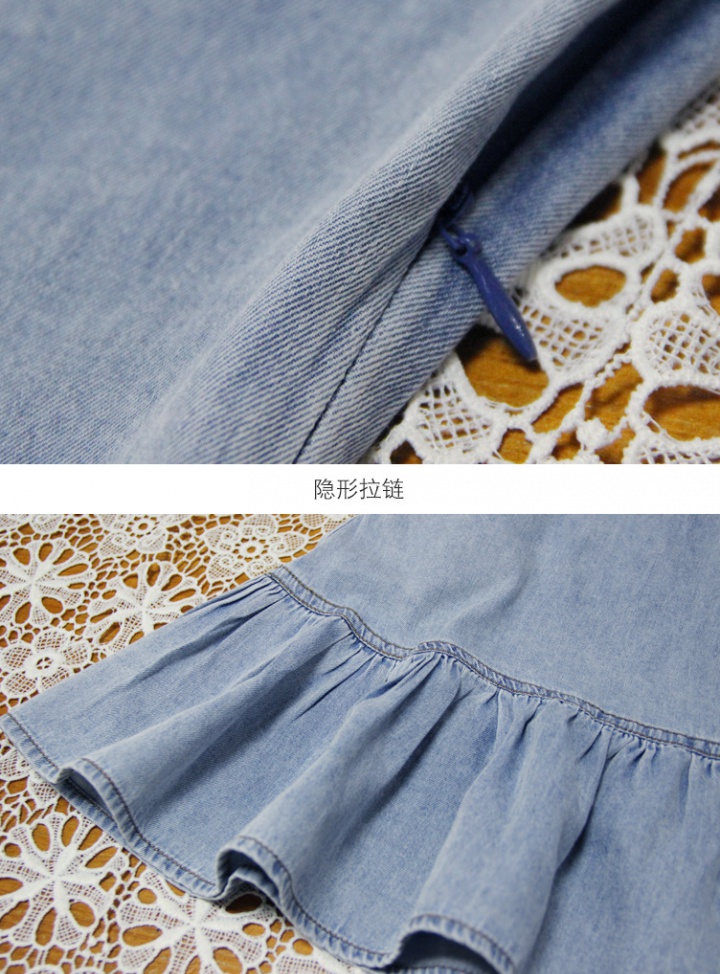 Lotus leaf edges denim embroidery cheongsam slim retro dress
