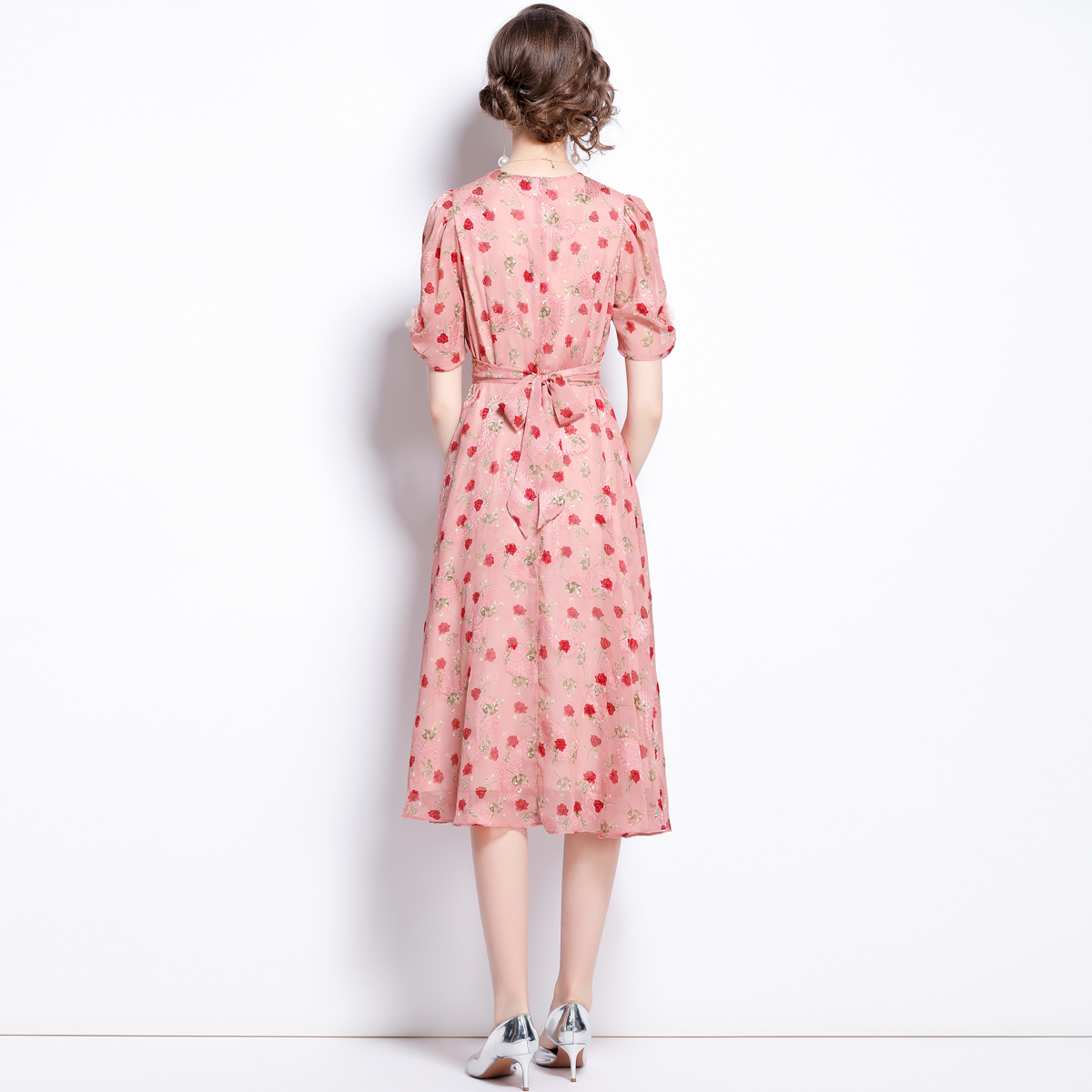 Slim floral France style retro short sleeve puff sleeve dress