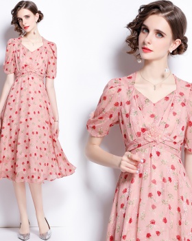 Slim floral France style retro short sleeve puff sleeve dress