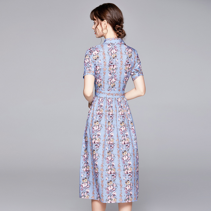 Printing summer long lapel elegant wood ear dress for women