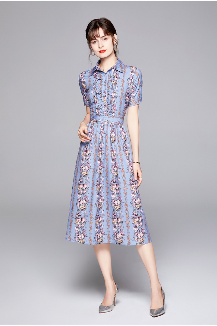 Printing summer long lapel elegant wood ear dress for women