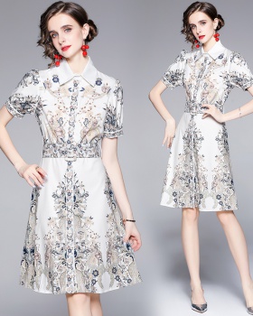 Ladies lapel printing European style temperament dress