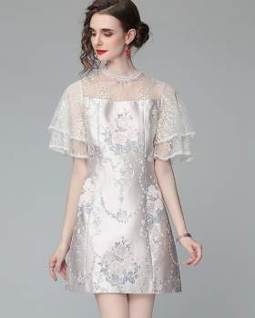 European style slim satin embroidery lace jacquard dress