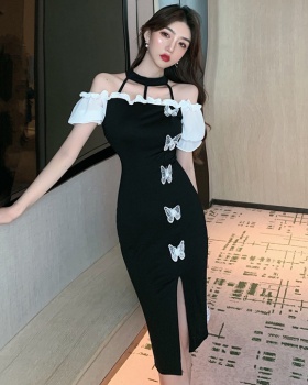 Package hip bow mixed colors slim dress