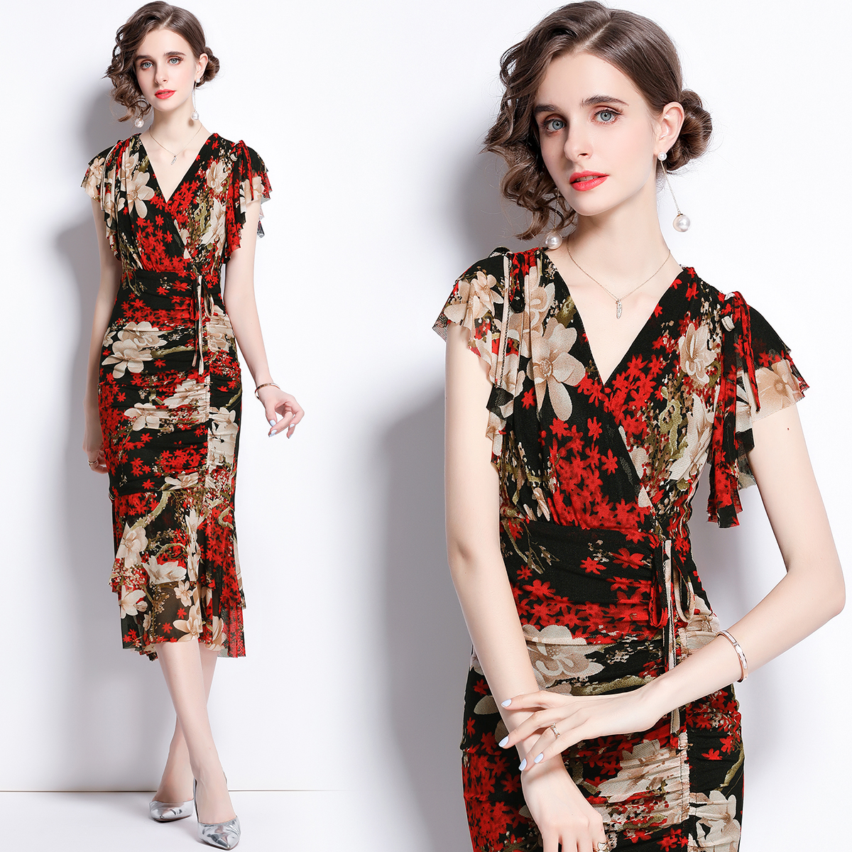 Short sleeve lotus leaf package hip V-neck printing fold dress
