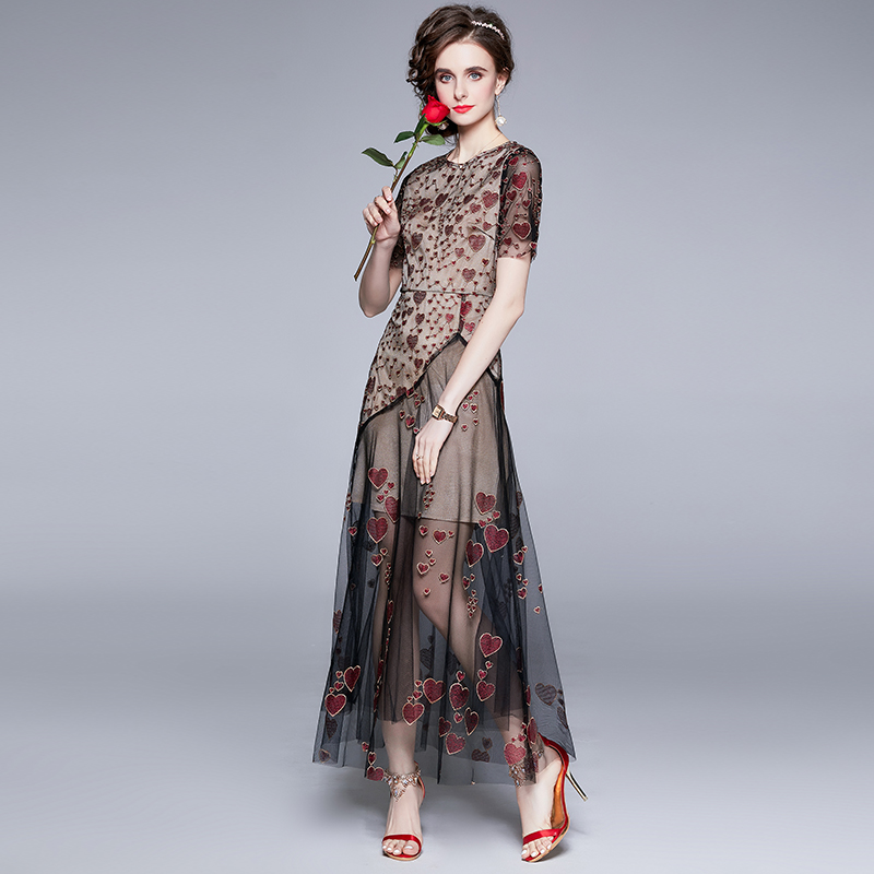 Lady slim embroidery summer temperament gauze dress