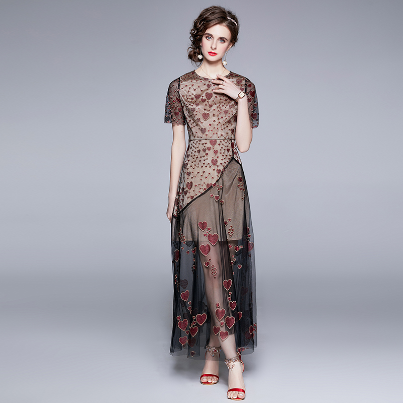 Lady slim embroidery summer temperament gauze dress