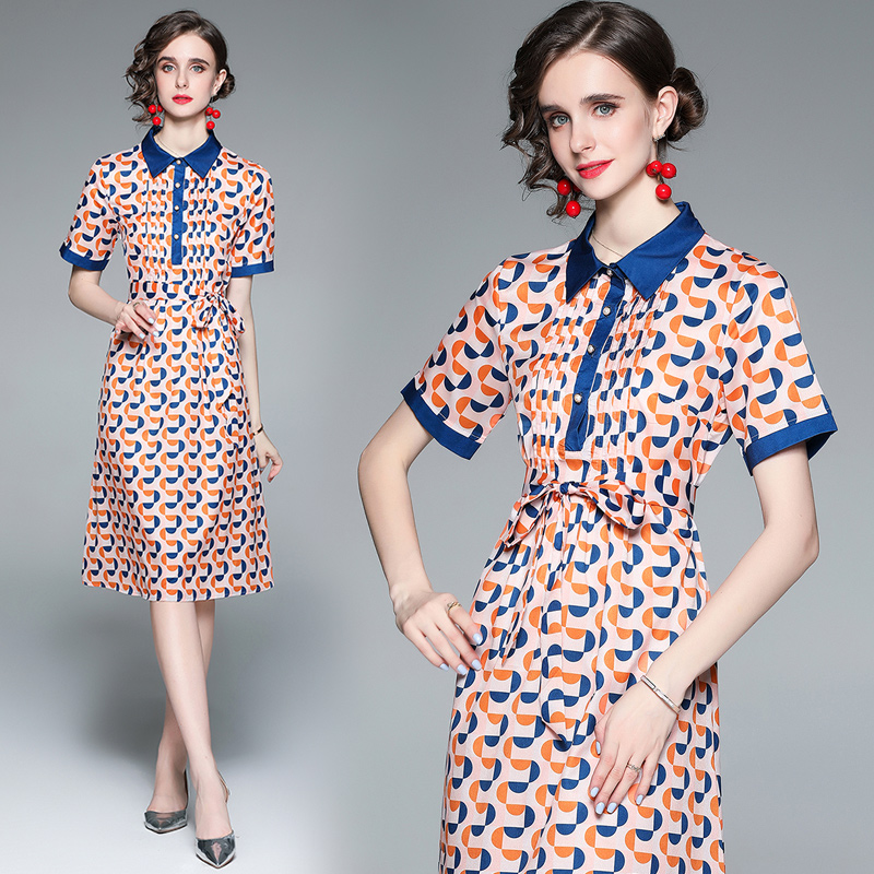 Short sleeve imitation silk printing dress for women