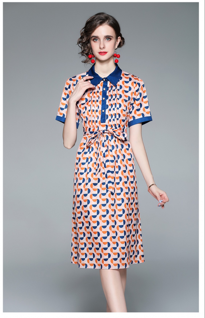 Short sleeve imitation silk printing dress for women