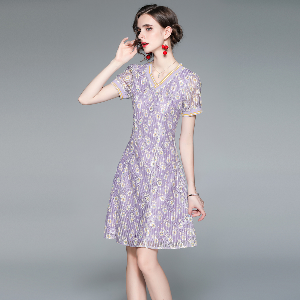 Printing lace summer dress short sleeve slim T-back for women