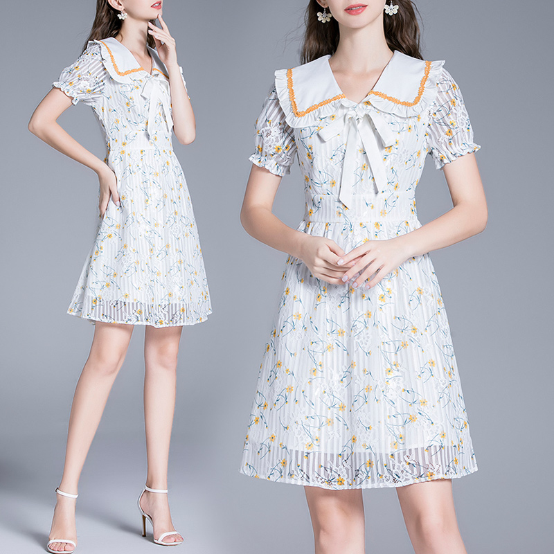 Lapel short sleeve lace printing summer retro dress