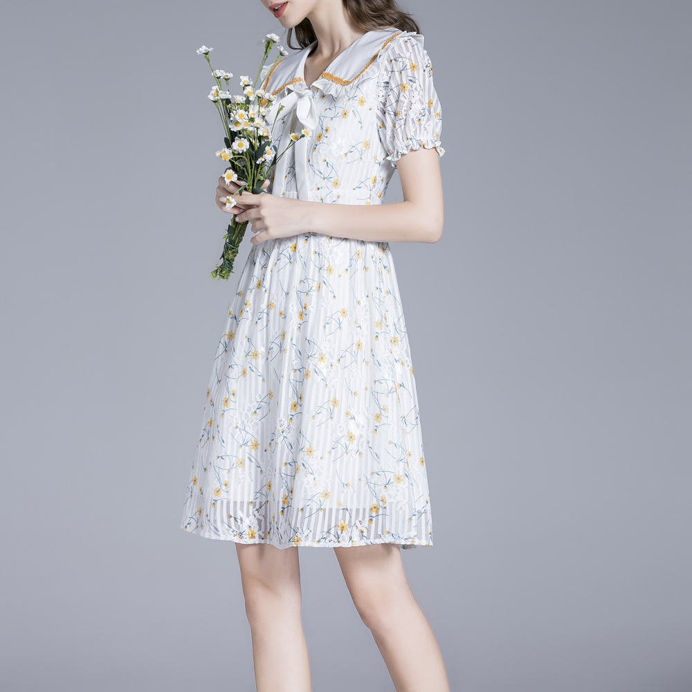 Lapel short sleeve lace printing summer retro dress