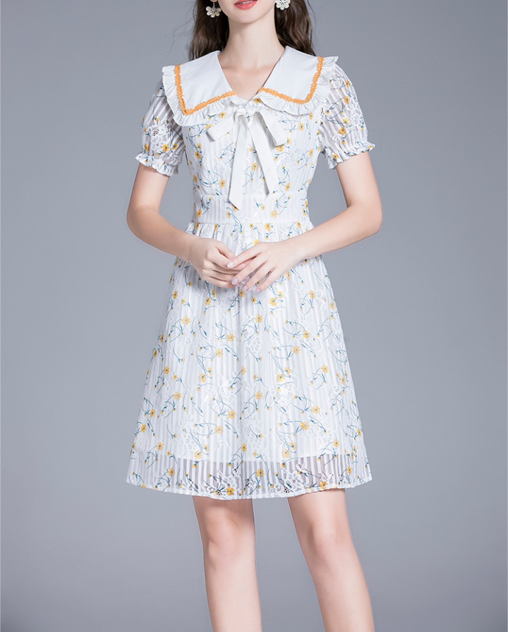 Lapel short sleeve lace printing summer retro dress