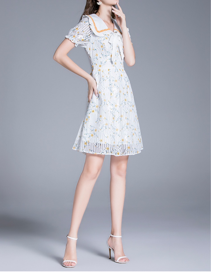 Lapel short sleeve lace printing summer retro dress