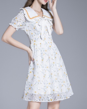Lapel short sleeve lace printing summer retro dress
