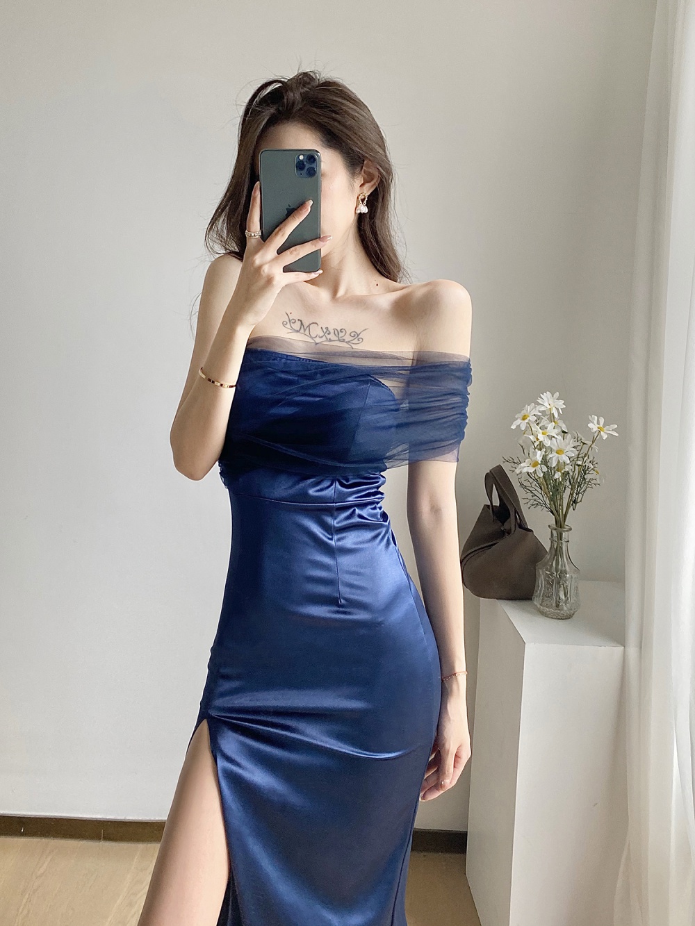 Splice split dress flat shoulder slim formal dress