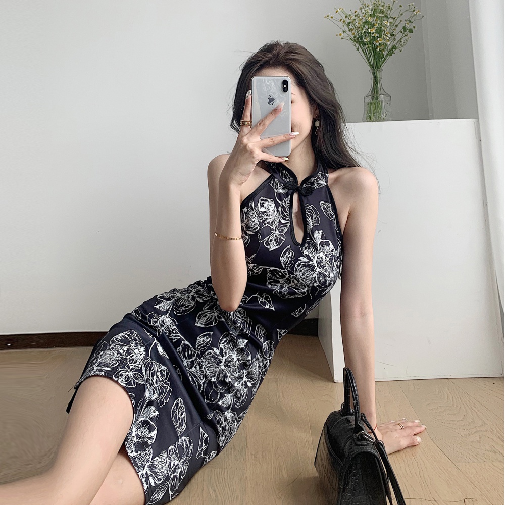 Maiden tight retro dress short slim printing cheongsam