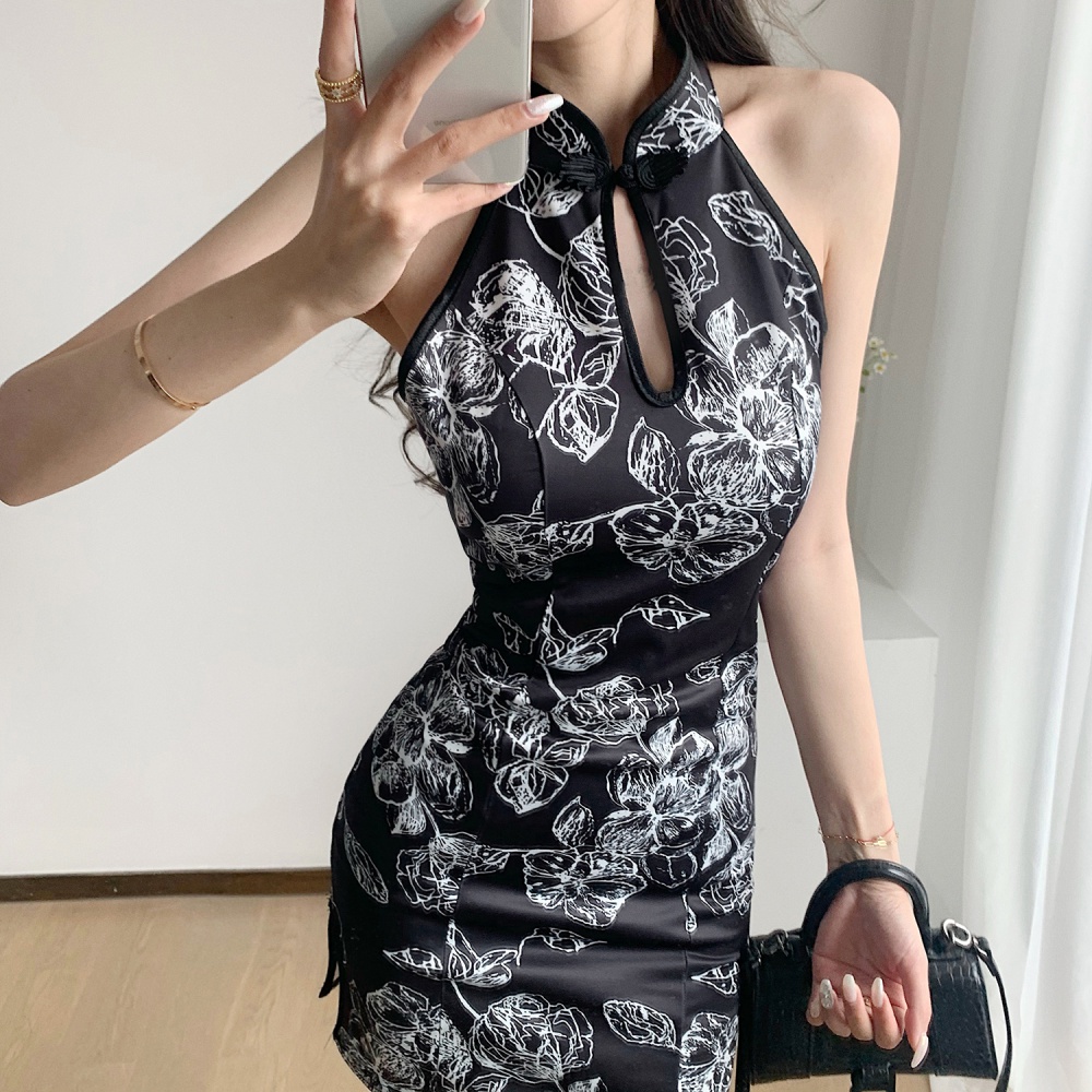 Maiden tight retro dress short slim printing cheongsam