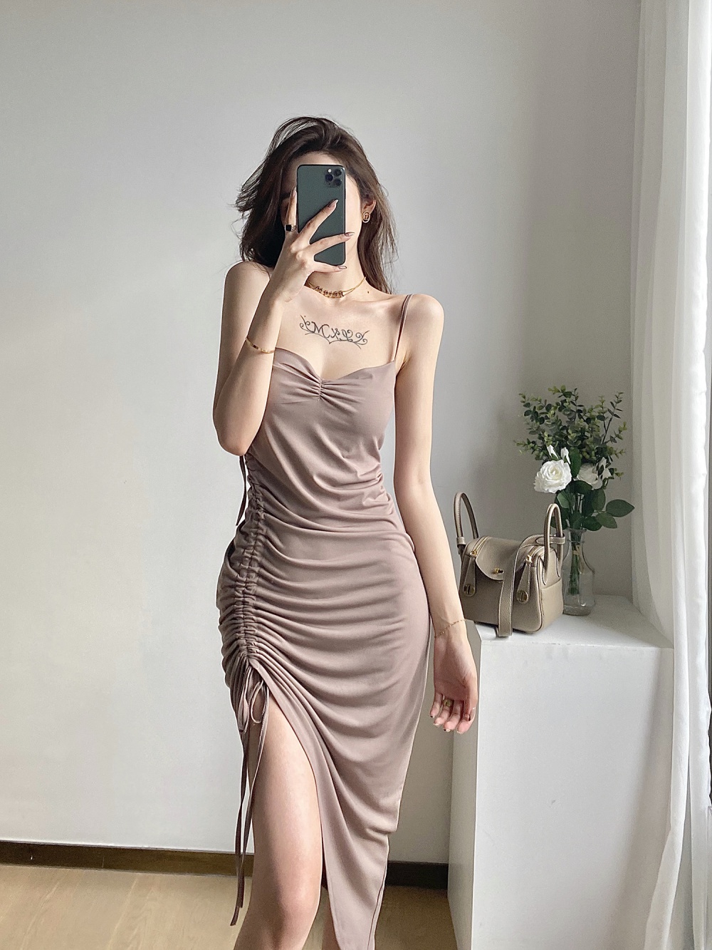 Drawstring halter pure long irregular loose vacation dress