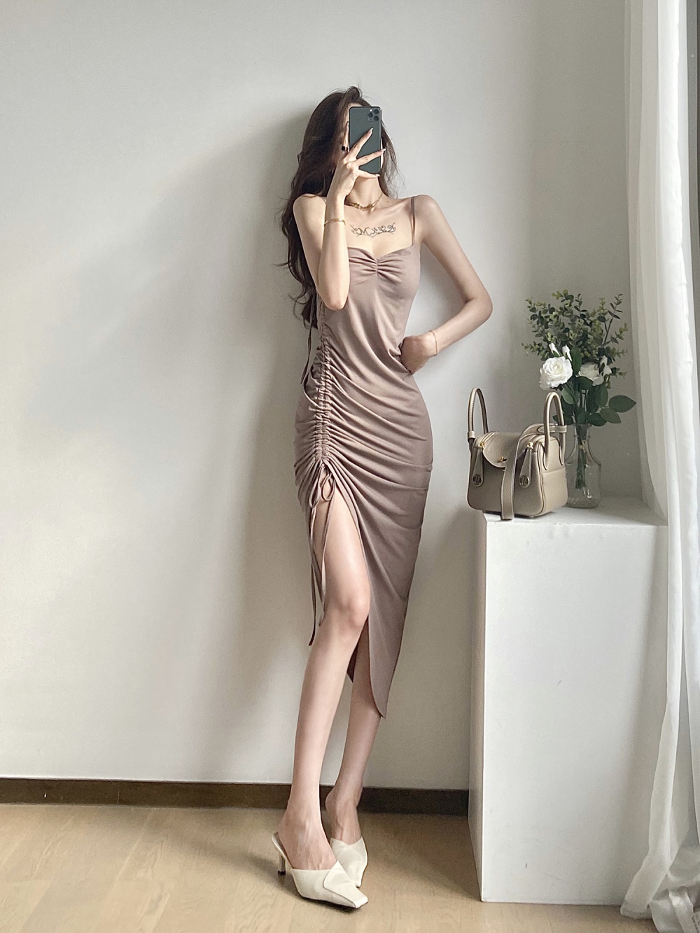 Drawstring halter pure long irregular loose vacation dress