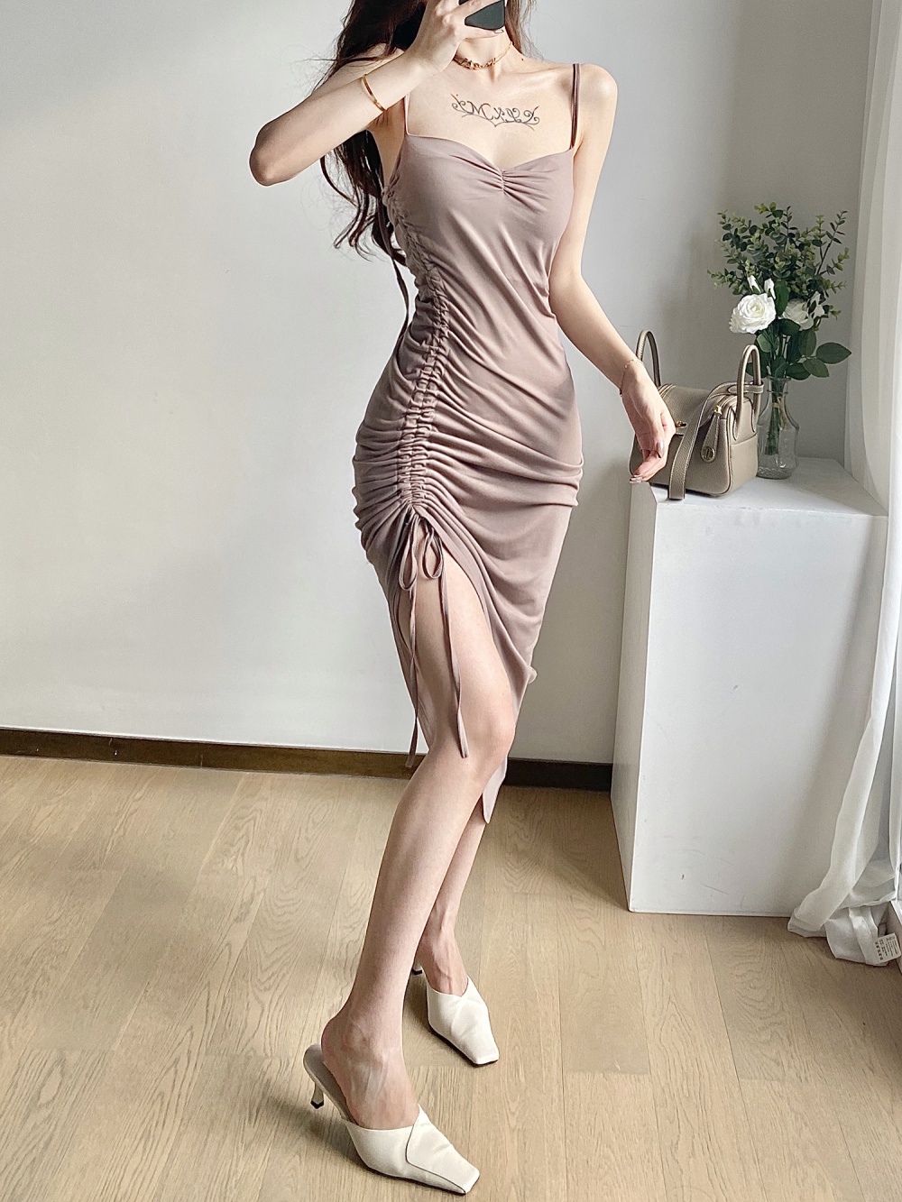 Drawstring halter pure long irregular loose vacation dress