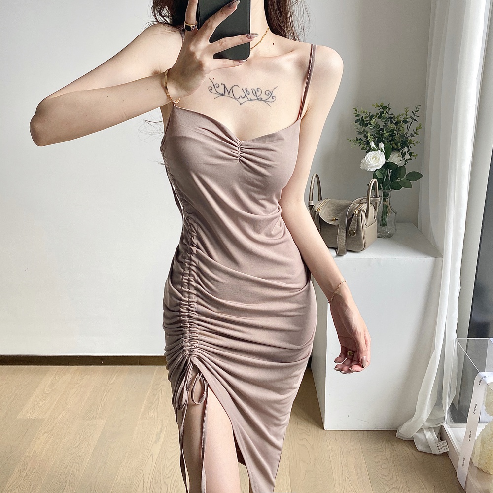 Drawstring halter pure long irregular loose vacation dress