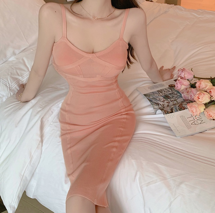 Long knitted low-cut dress sexy tight strap dress