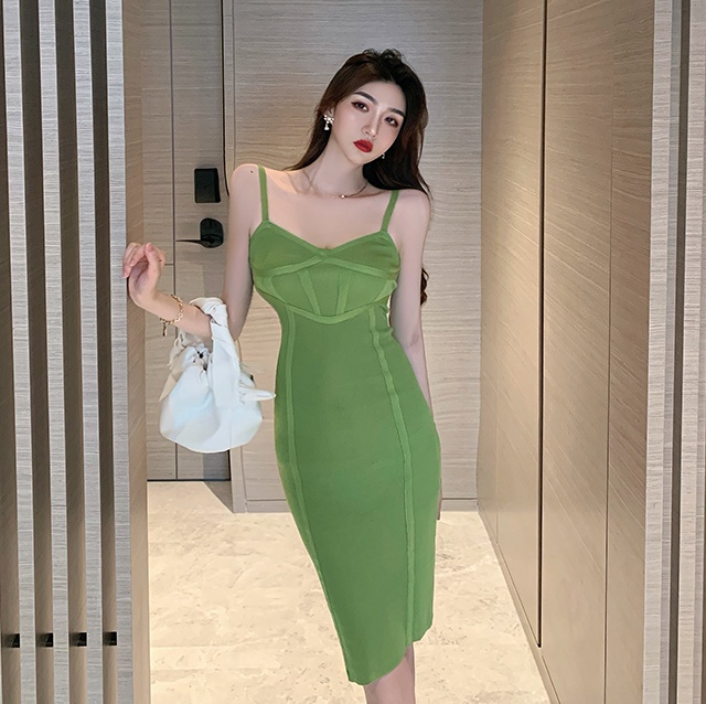 Long knitted low-cut dress sexy tight strap dress