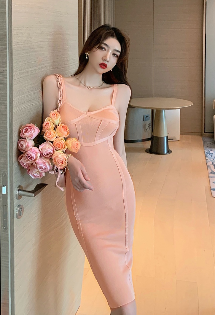 Long knitted low-cut dress sexy tight strap dress