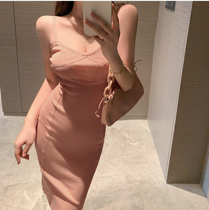 Long knitted low-cut dress sexy tight strap dress