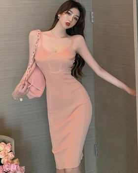 Long knitted low-cut dress sexy tight strap dress