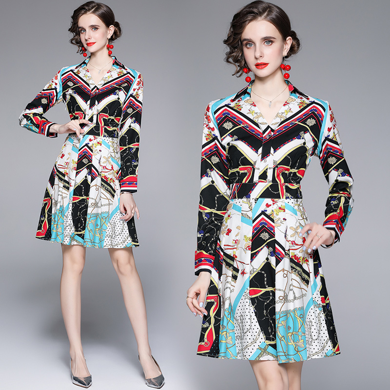 Long sleeve retro printing pinched waist pleated lapel dress