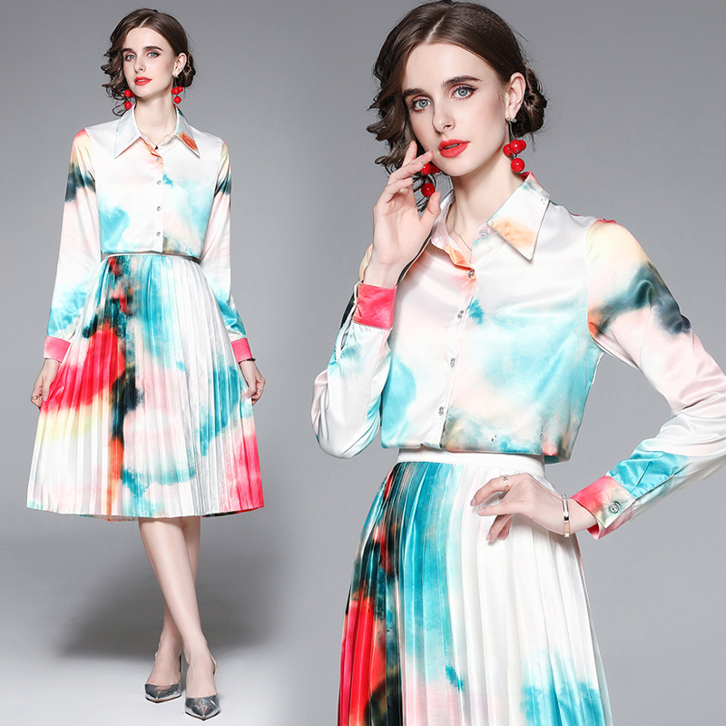 Printing big skirt long skirt gradient shirt 2pcs set