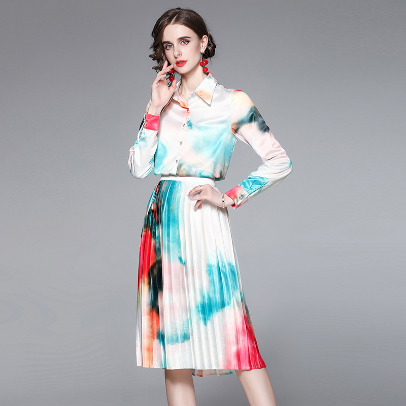 Printing big skirt long skirt gradient shirt 2pcs set