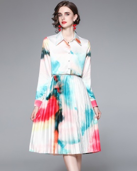 Printing big skirt long skirt gradient shirt 2pcs set