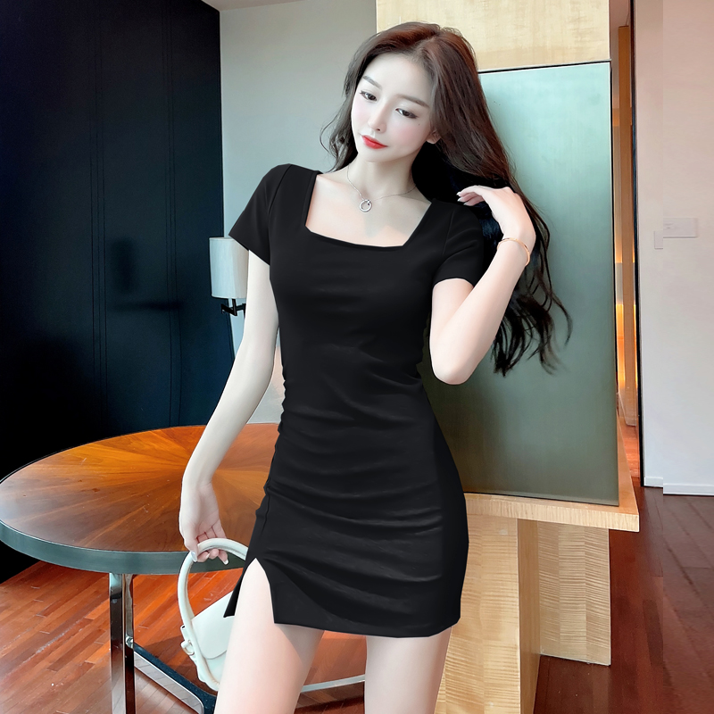 Split short sleeve slim square collar package hip simple dress