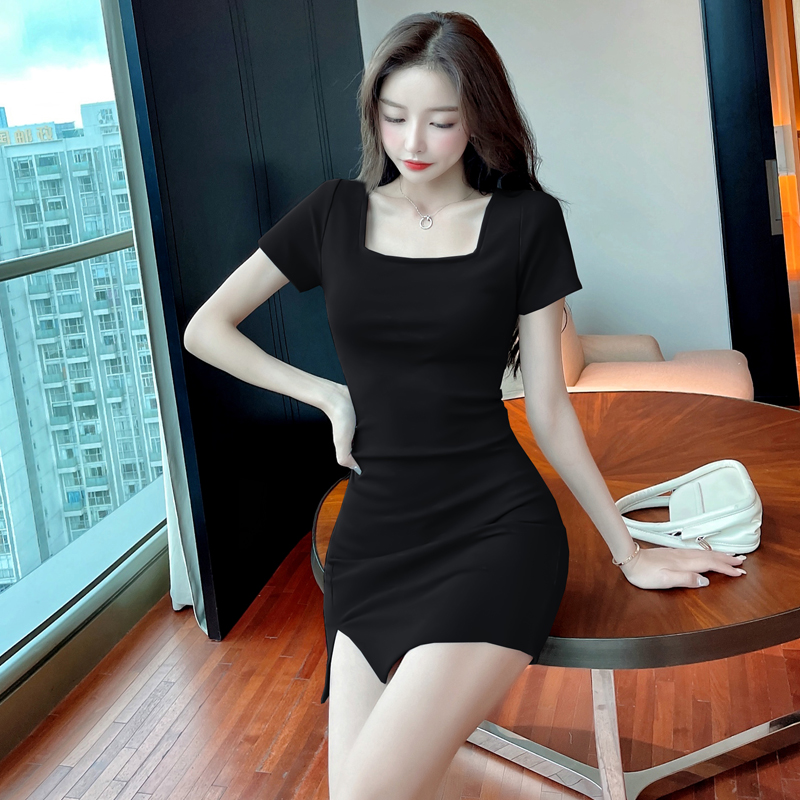 Split short sleeve slim square collar package hip simple dress