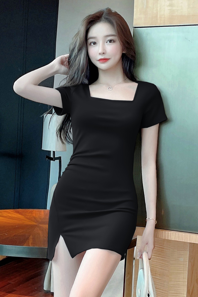 Split short sleeve slim square collar package hip simple dress