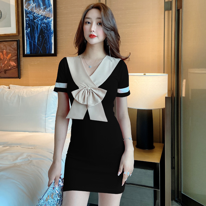 Bow summer knitted package hip V-neck short sleeve dress for women