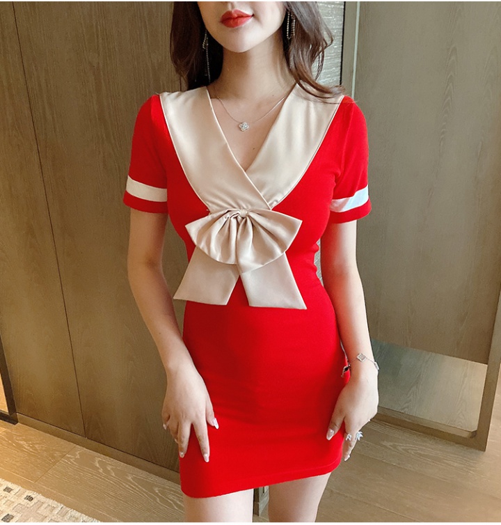 Bow summer knitted package hip V-neck short sleeve dress for women