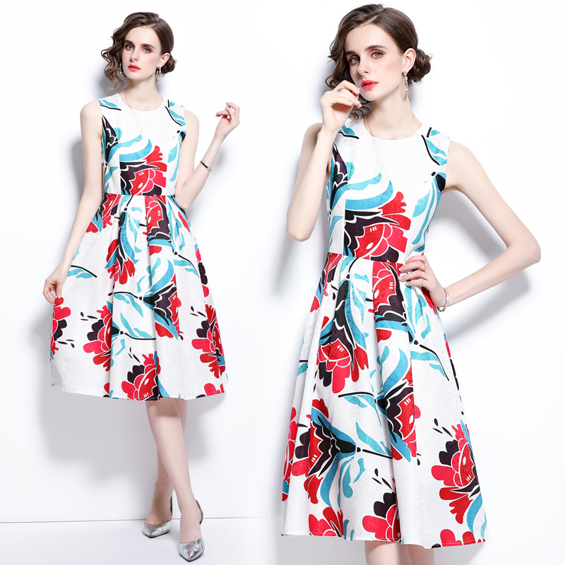 Printing sleeveless dress sleeveless long dress